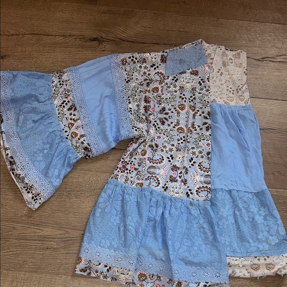 POL Tops - POL Patchwork Blue Floral Bell Sleeve Blouse